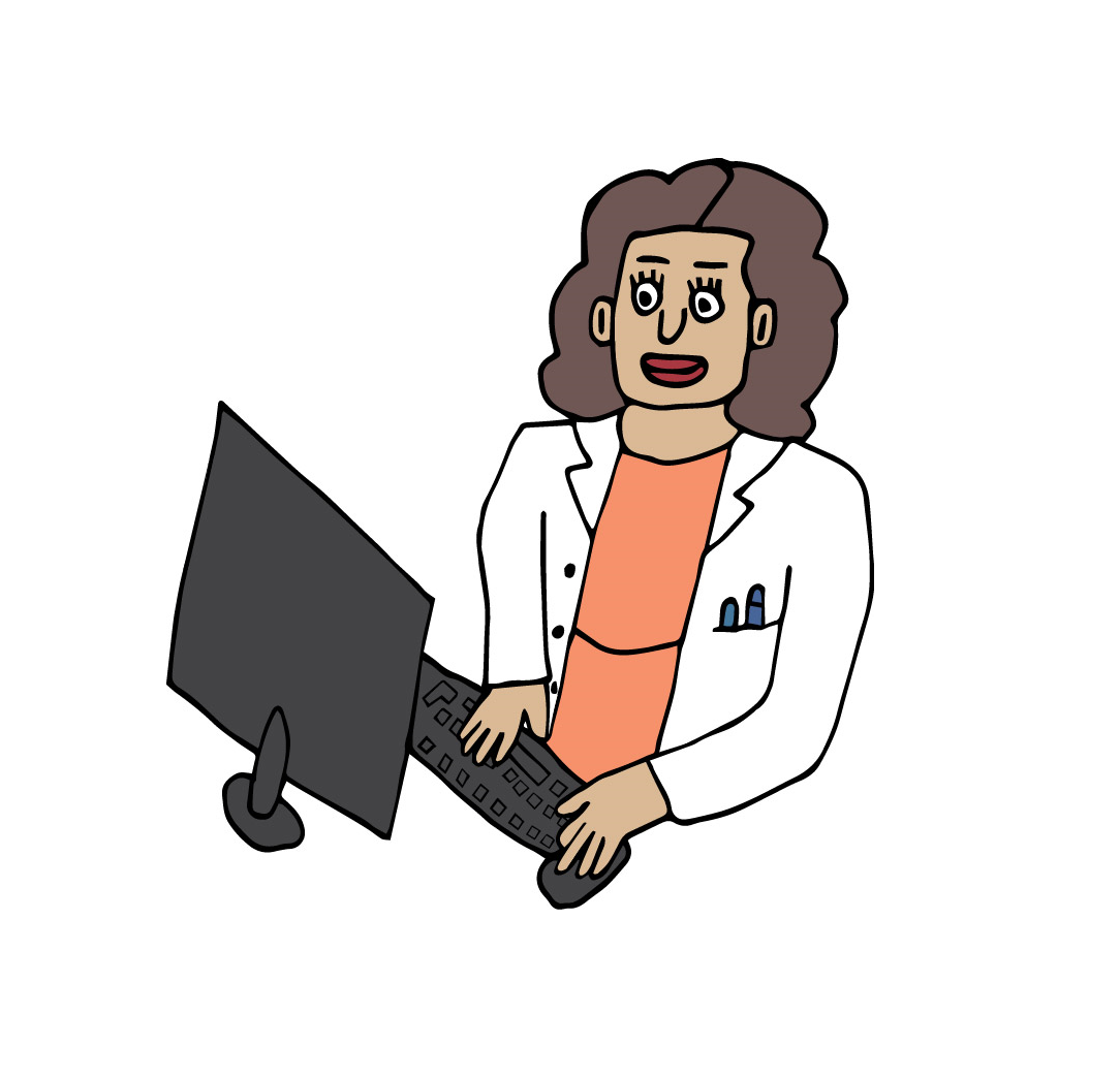 Illustrasjon av kvinnelig lege som sitter foran PCen